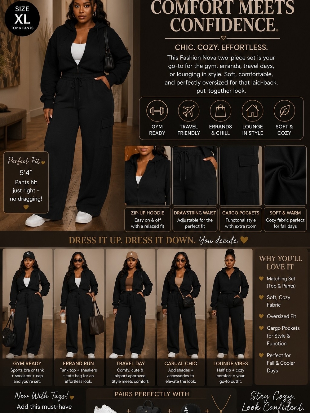Fashion Nova Women's Black Zip-Up Hoodie & Cargo Pants Set